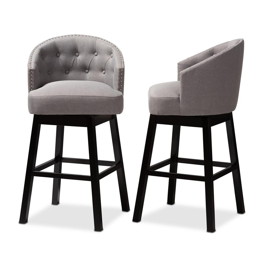 Theron Transitional Gray Fabric Upholstered Wood Swivel Bar Stool Set of 2. Picture 10