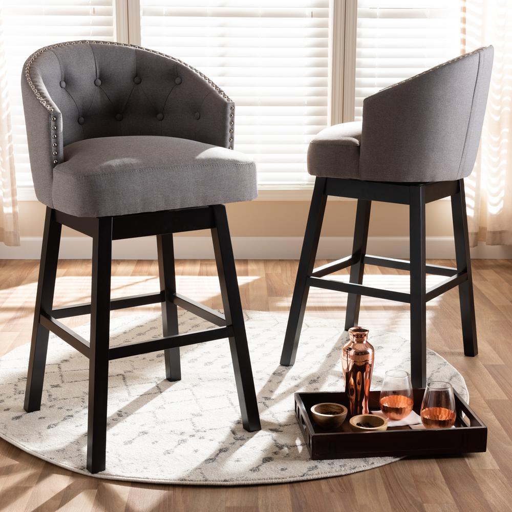 Theron Transitional Gray Fabric Upholstered Wood Swivel Bar Stool Set of 2. Picture 12
