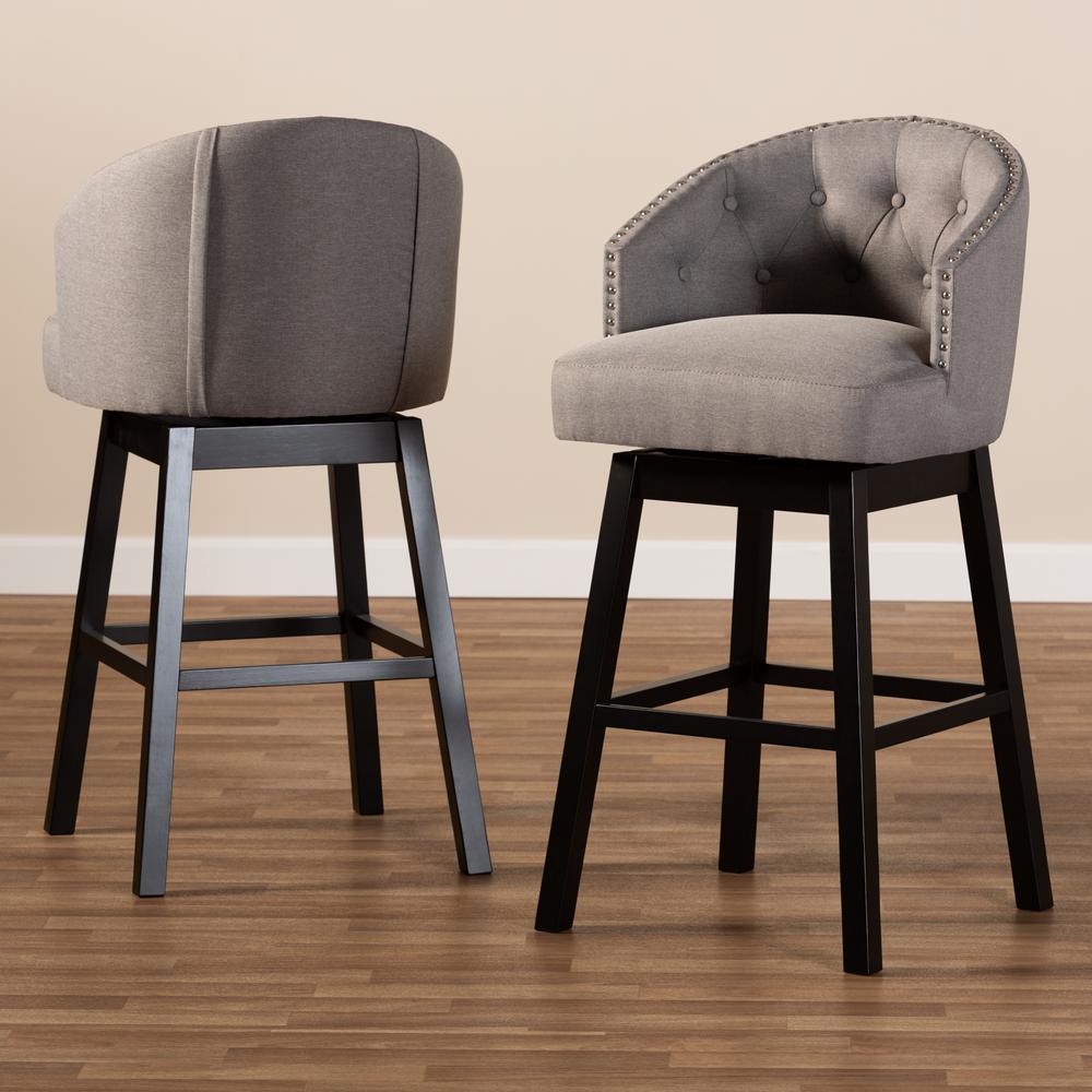 Theron Transitional Gray Fabric Upholstered Wood Swivel Bar Stool Set of 2. Picture 13