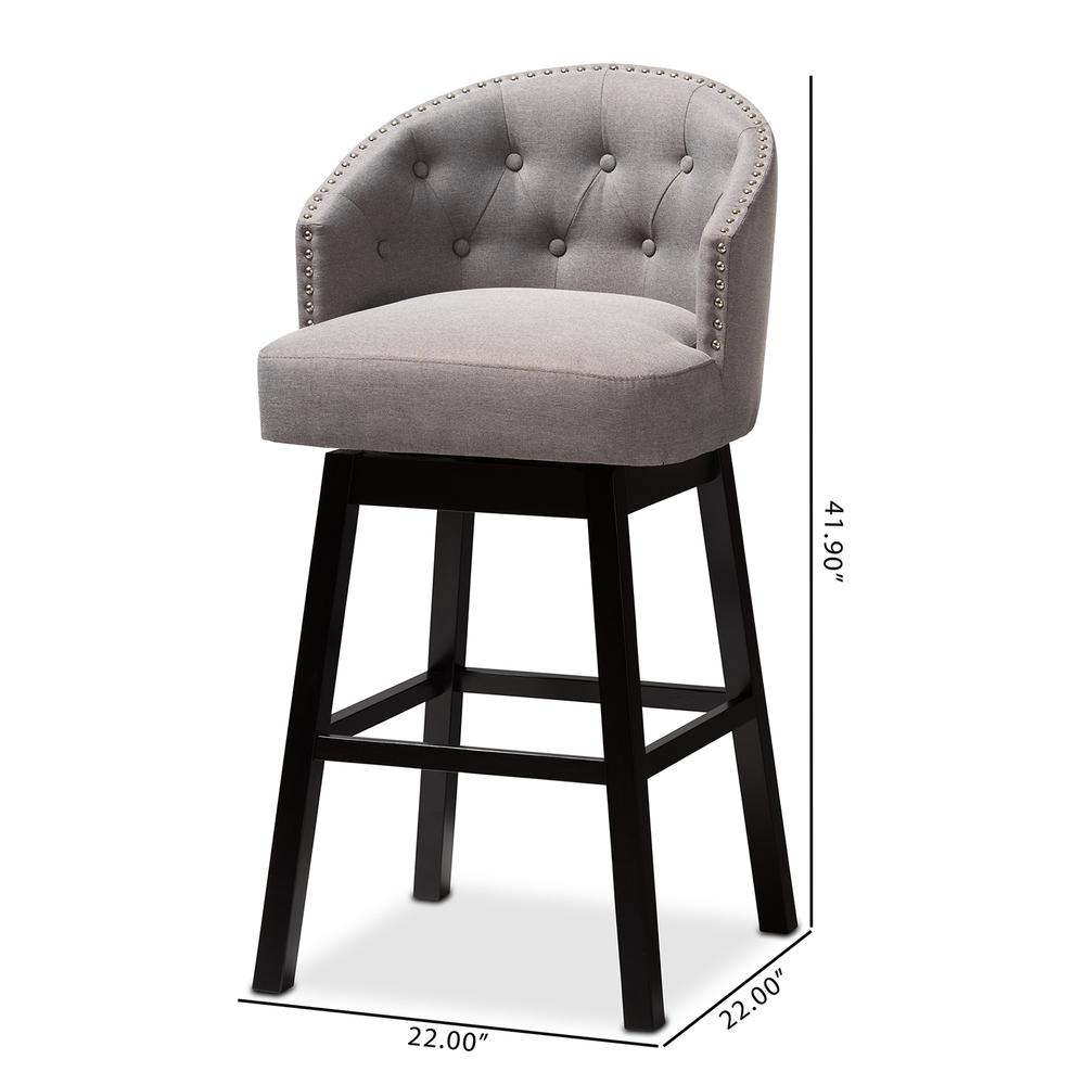Theron Transitional Gray Fabric Upholstered Wood Swivel Bar Stool Set of 2. Picture 14