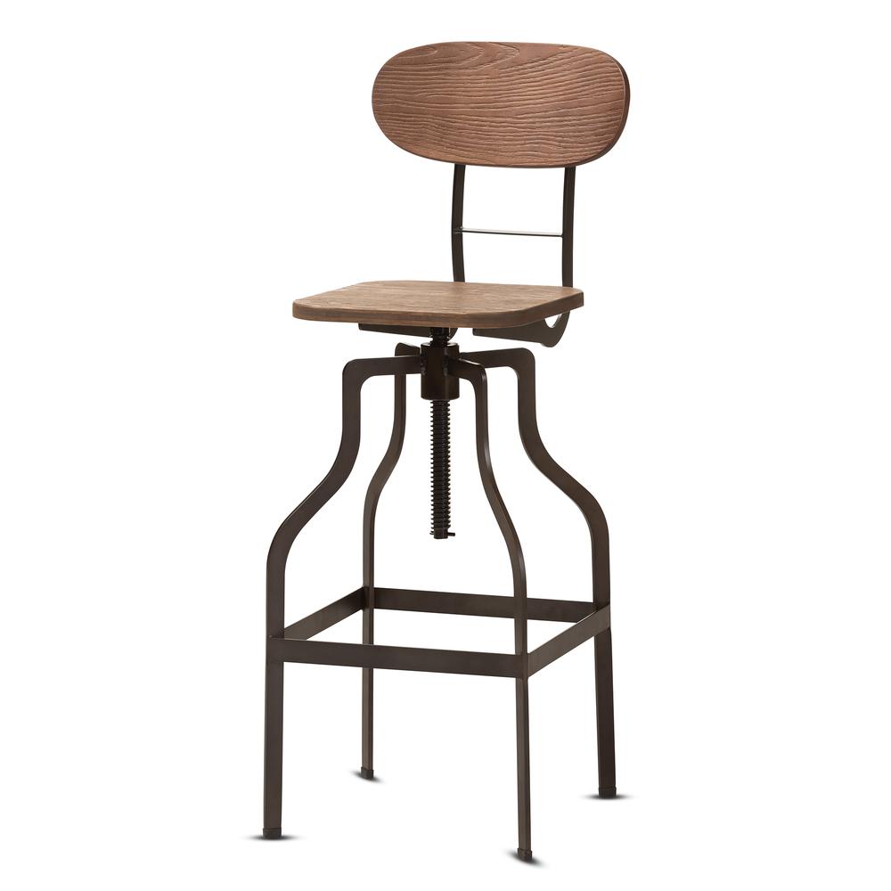 Wood and Rust-Finished Steel Adjustable Swivel Bar Stool. Picture 8