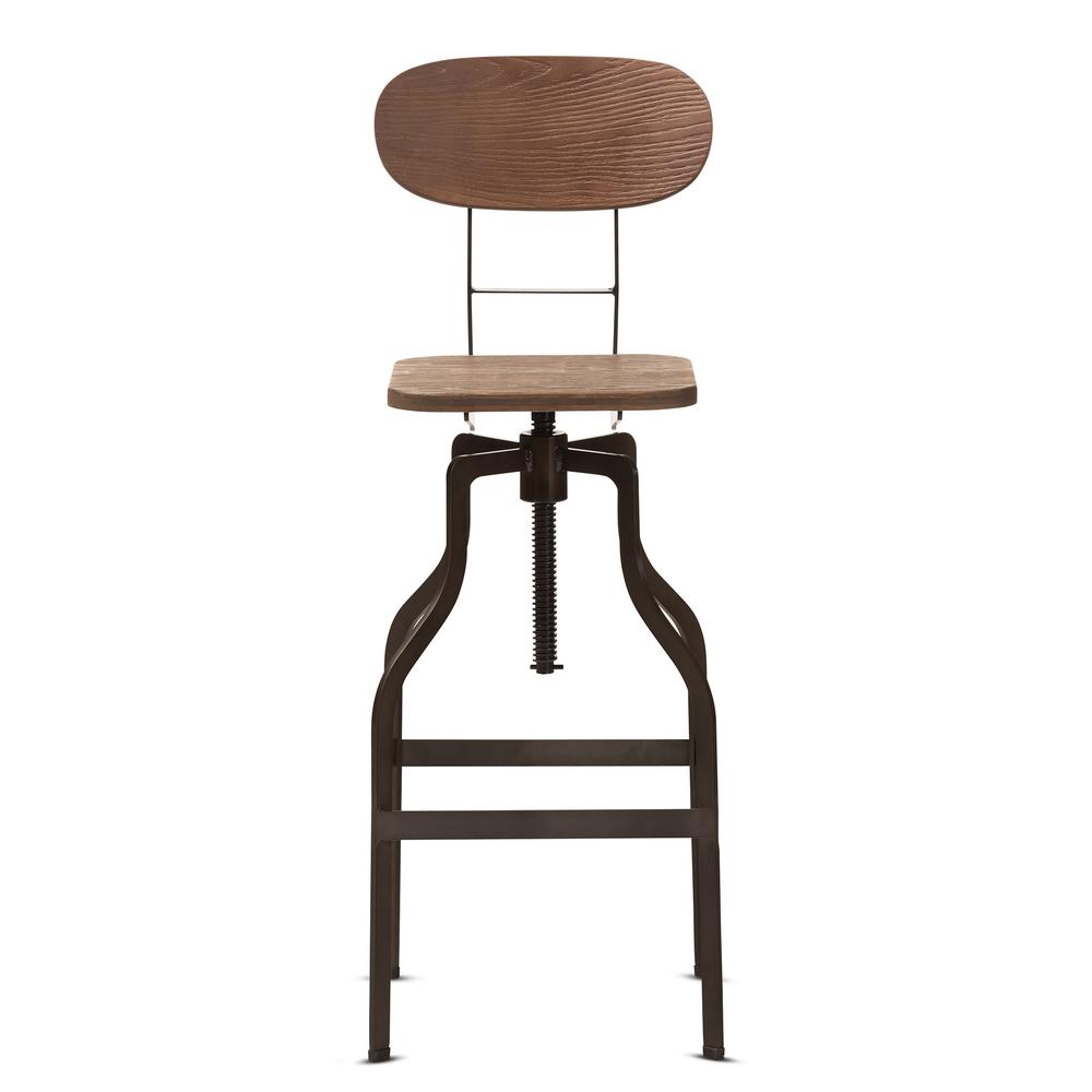 Wood and Rust-Finished Steel Adjustable Swivel Bar Stool. Picture 9
