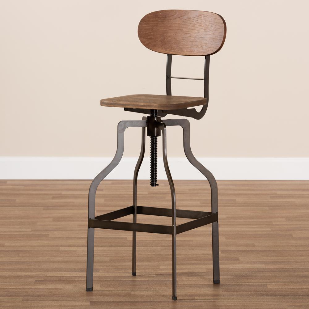 Wood and Rust-Finished Steel Adjustable Swivel Bar Stool. Picture 14