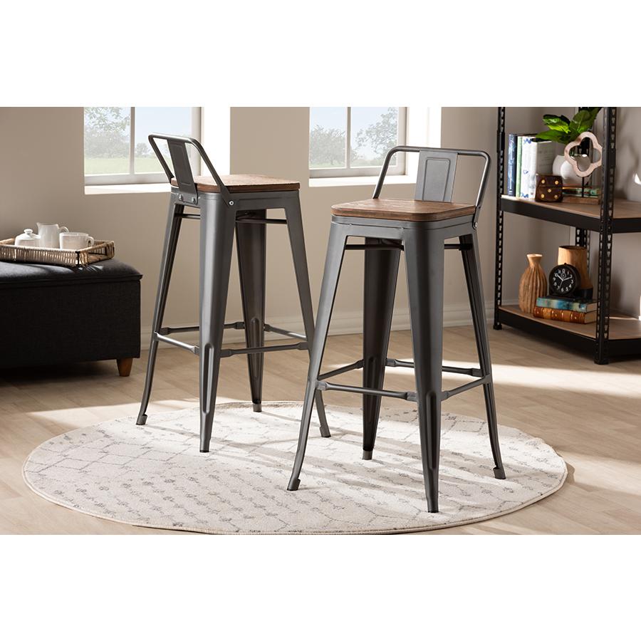 Henri Vintage Rustic Industrial Style Tolix-Inspired Bamboo and Gun Metal-Finished Steel Stackable Bar Stool with Backrest Set of 2. Picture 6
