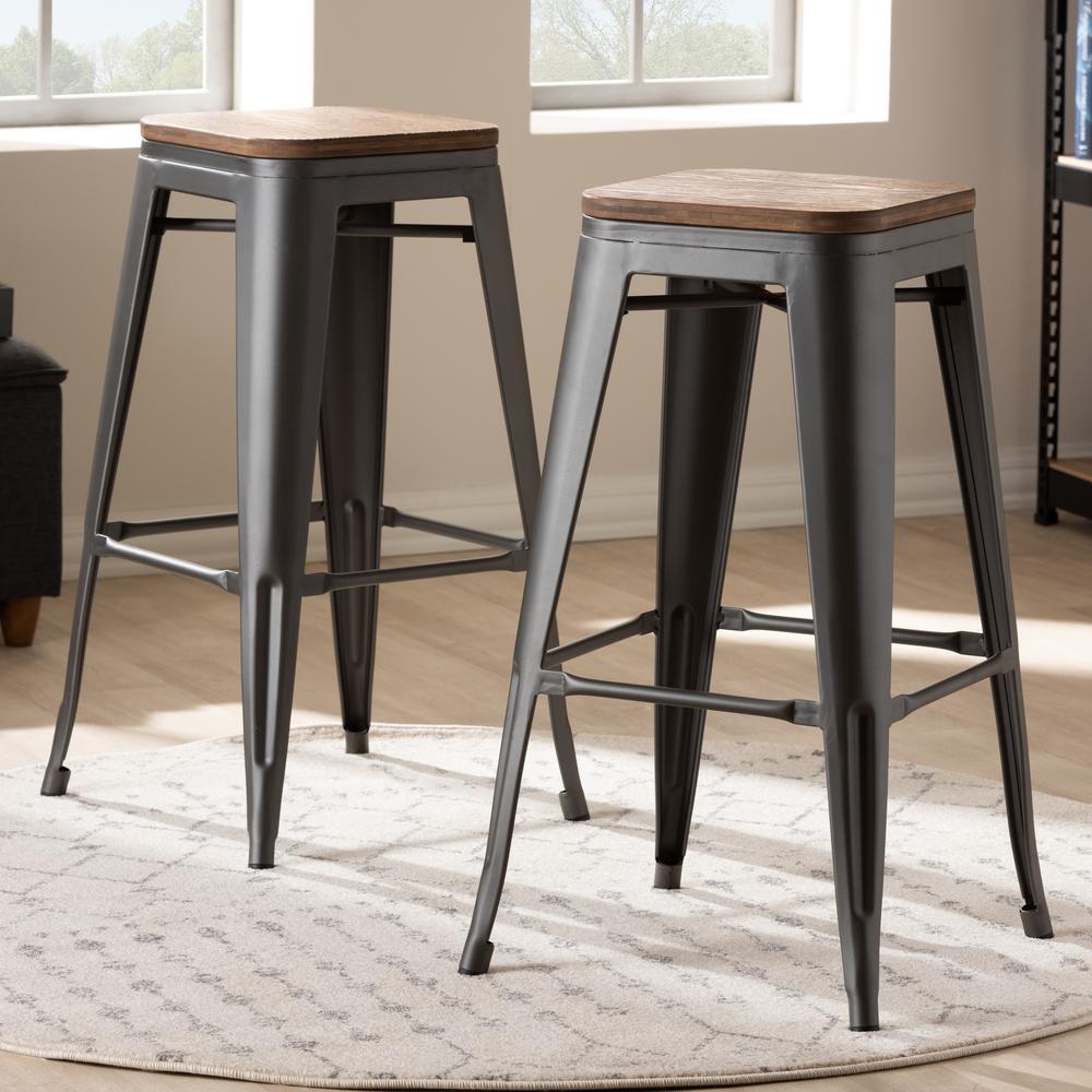 Tolix-Inspired Bamboo and Gun Metal-Finished Steel Stackable Bar Stool  Set. Picture 9
