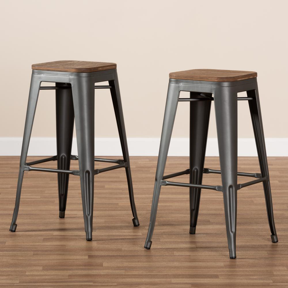 Tolix-Inspired Bamboo and Gun Metal-Finished Steel Stackable Bar Stool  Set. Picture 10
