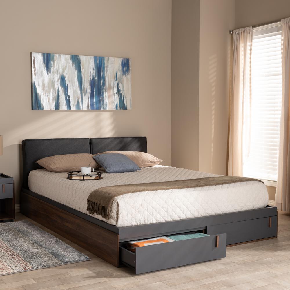 Baxton Studio Rikke Modern and Contemporary Two-Tone Gray and Walnut Finished Wood Queen Size Platform Storage Bed with Gray Fabric Upholstered Headboard. Picture 9