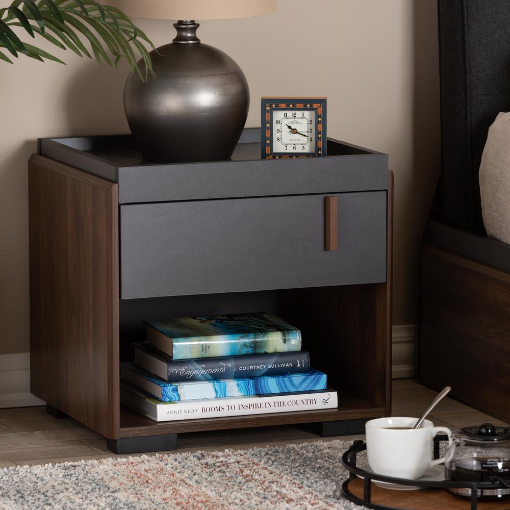 Baxton Studio Rikke Modern and Contemporary Two-Tone Gray and Walnut Finished Wood 1-Drawer Nightstand. Picture 7