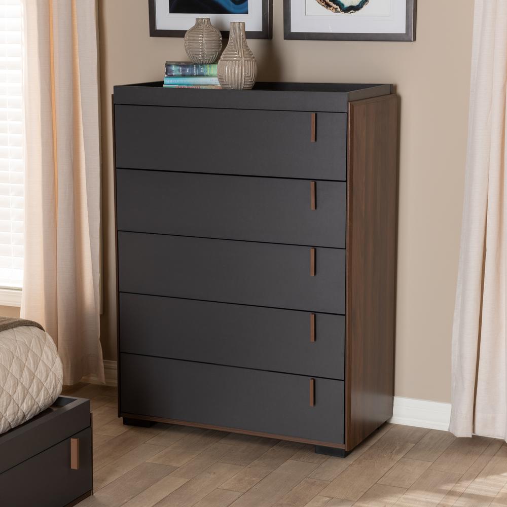 Baxton Studio Rikke Modern and Contemporary Two-Tone Gray and Walnut Finished Wood 5-Drawer Chest. Picture 7