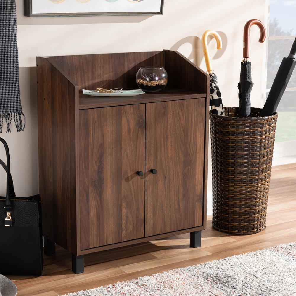 Walnut Brown Finished 2-Door Wood Entryway Shoe Storage Cabinet with Open Shelf. Picture 17