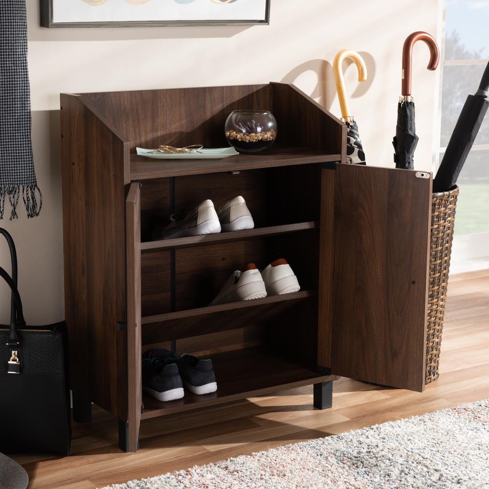 Walnut Brown Finished 2-Door Wood Entryway Shoe Storage Cabinet with Open Shelf. Picture 18