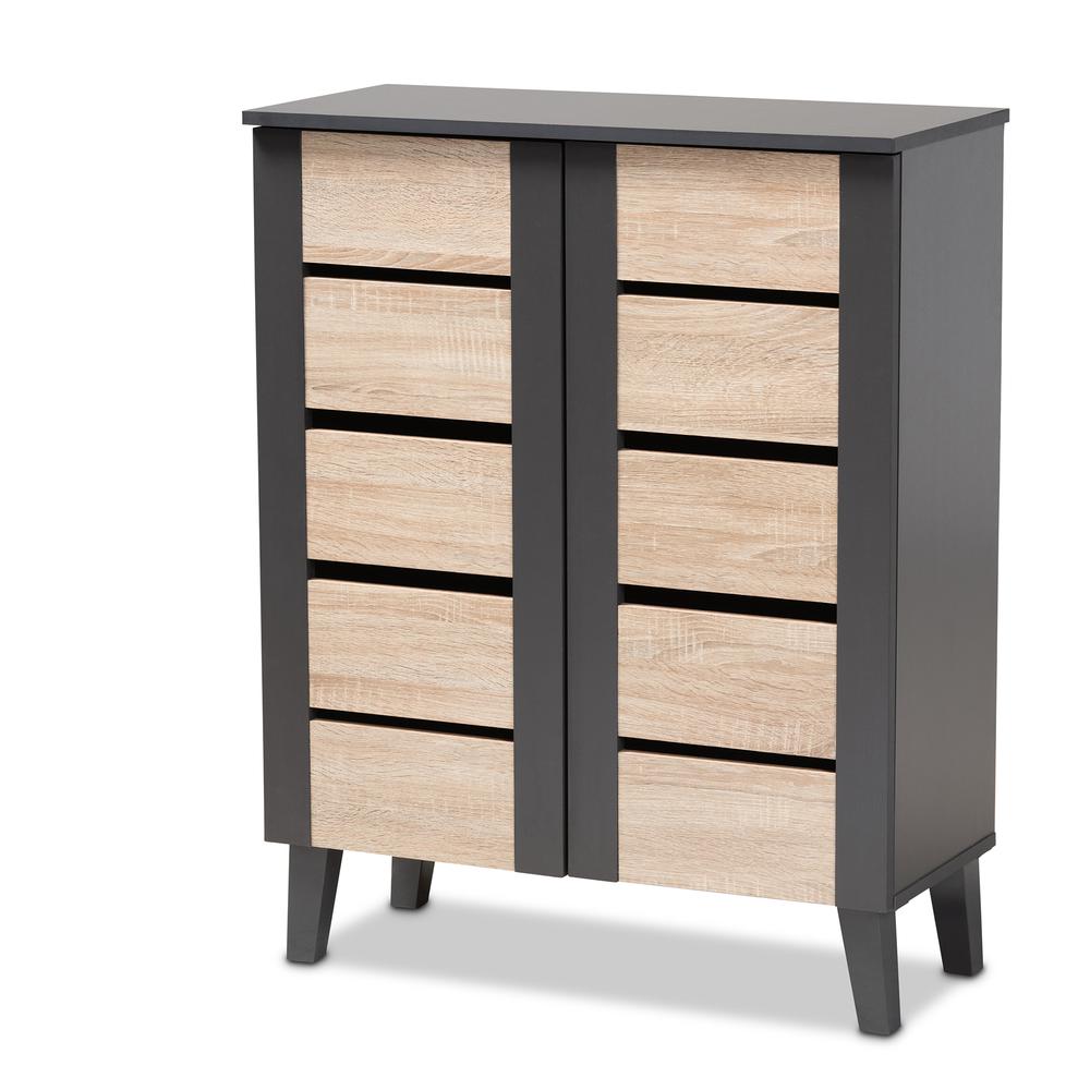 Two-Tone Oak Brown and Dark Gray 2-Door Wood Entryway Shoe Storage Cabinet. Picture 11