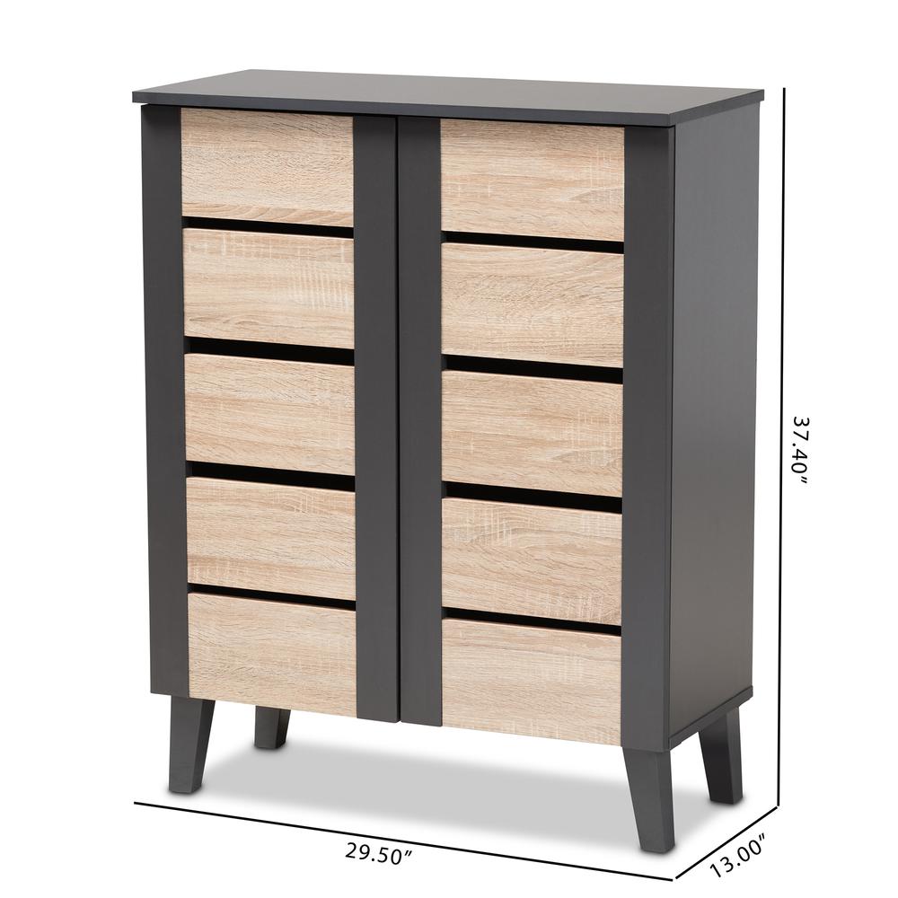 Two-Tone Oak Brown and Dark Gray 2-Door Wood Entryway Shoe Storage Cabinet. Picture 20