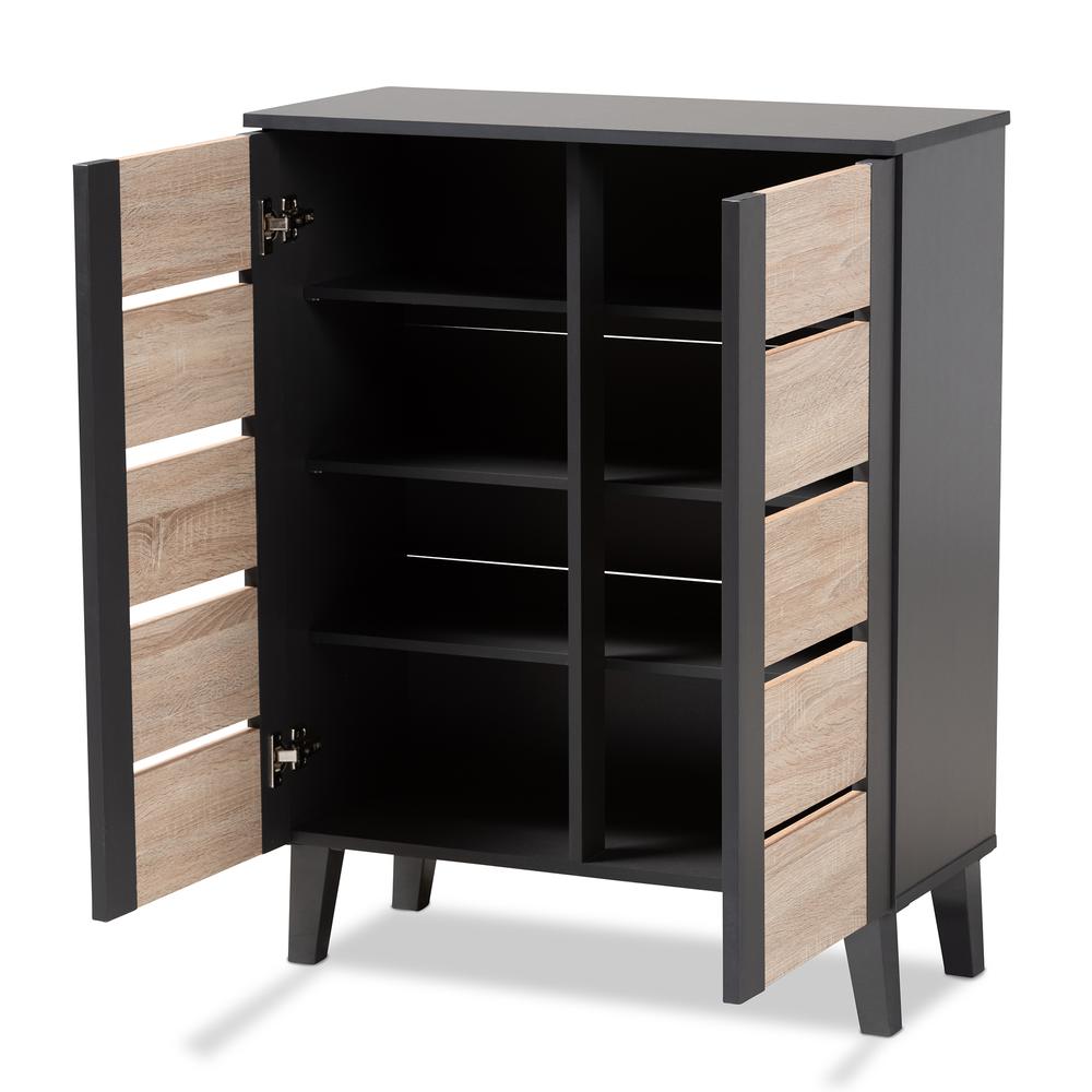 Two-Tone Oak Brown and Dark Gray 2-Door Wood Entryway Shoe Storage Cabinet. Picture 12