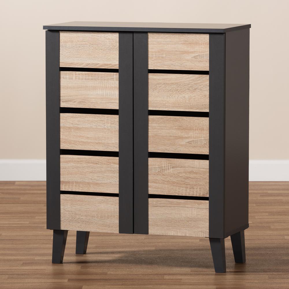 Two-Tone Oak Brown and Dark Gray 2-Door Wood Entryway Shoe Storage Cabinet. Picture 19