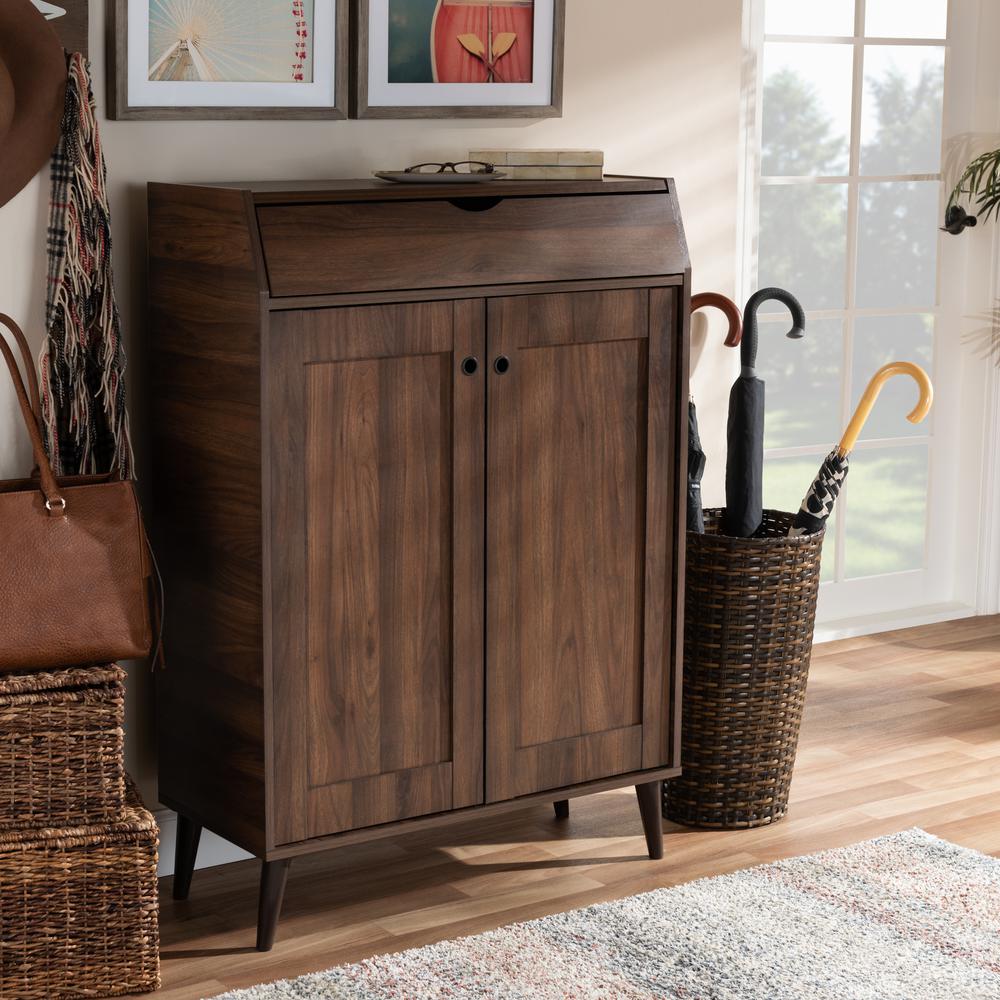 Walnut Brown finished 2-Door Wood Entryway Shoe Storage Cabinet. Picture 17