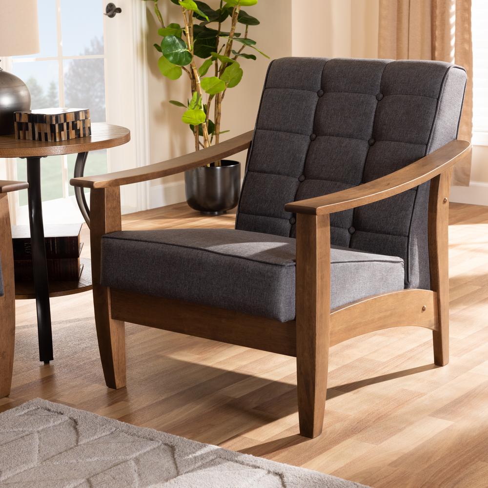 Baxton Studio Larsen Mid-Century Modern Gray Fabric Upholstered Walnut Wood Lounge Chair. Picture 8