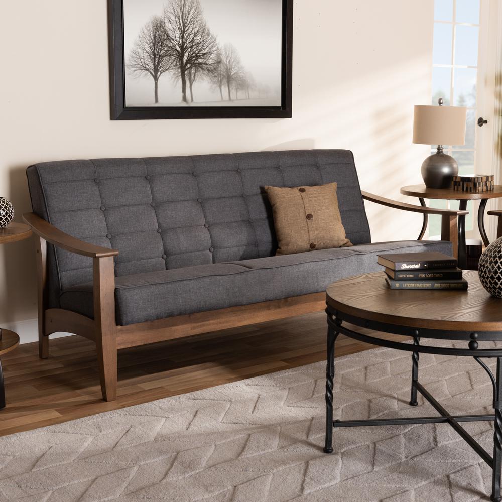 Baxton Studio Larsen Mid-Century Modern Gray Fabric Upholstered Walnut Wood Sofa. Picture 16