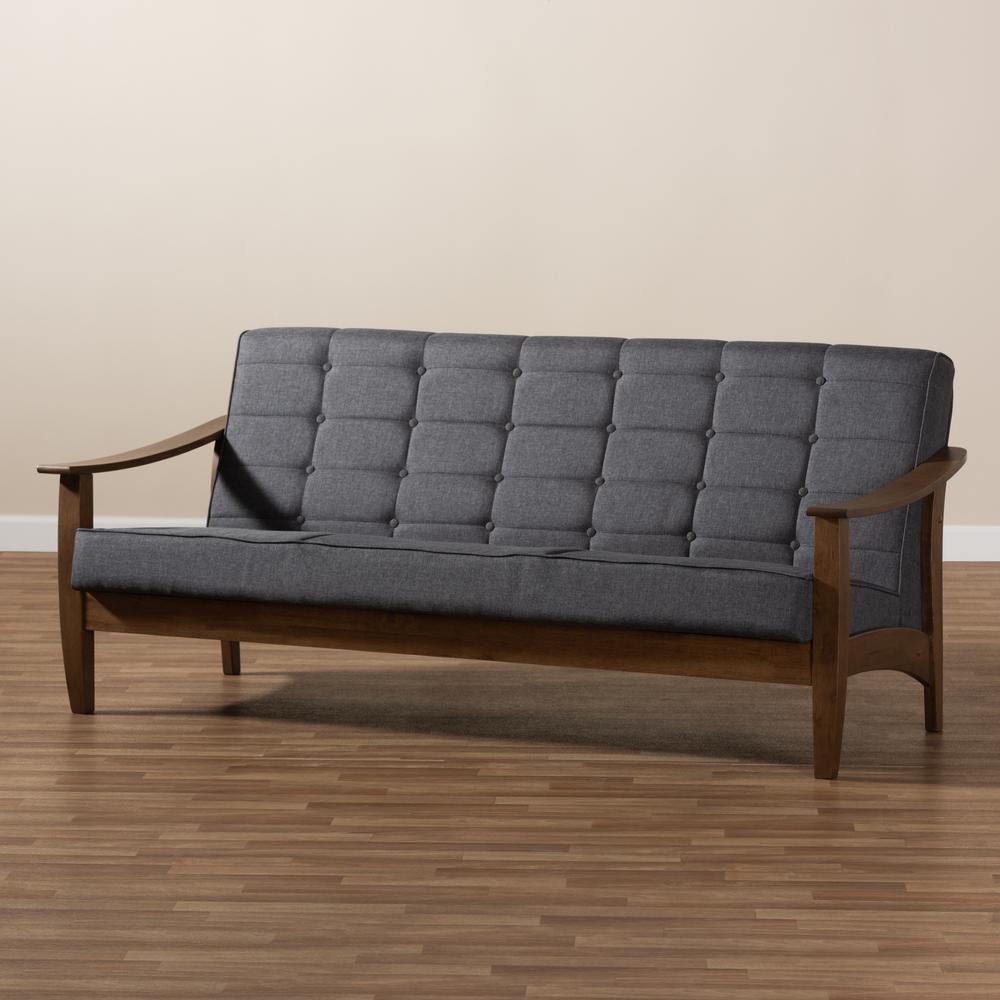 Baxton Studio Larsen Mid-Century Modern Gray Fabric Upholstered Walnut Wood Sofa. Picture 17