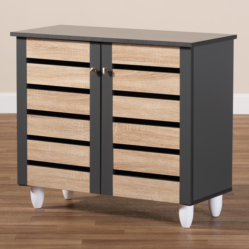 Two-Tone Oak and Dark Gray 2-Door Shoe Storage Cabinet. Picture 17