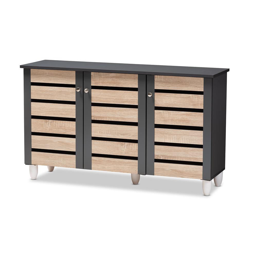 Two-Tone Oak and Dark Gray 3-Door Shoe Storage Cabinet. Picture 11