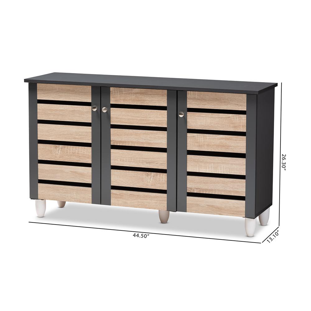 Two-Tone Oak and Dark Gray 3-Door Shoe Storage Cabinet. Picture 20