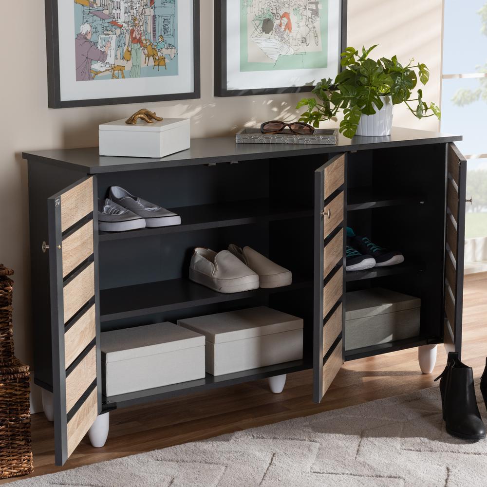Two-Tone Oak and Dark Gray 3-Door Shoe Storage Cabinet. Picture 18