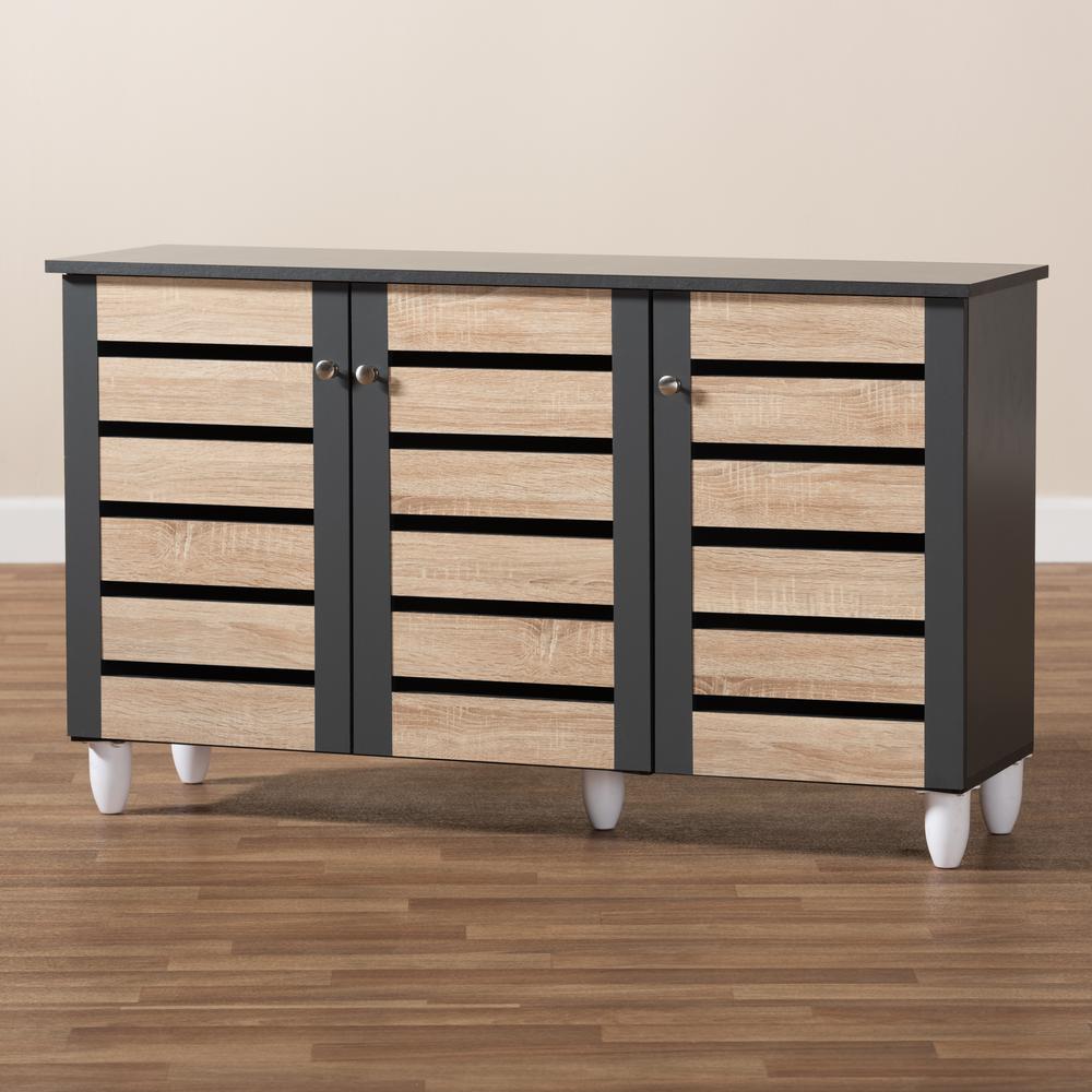 Two-Tone Oak and Dark Gray 3-Door Shoe Storage Cabinet. Picture 19