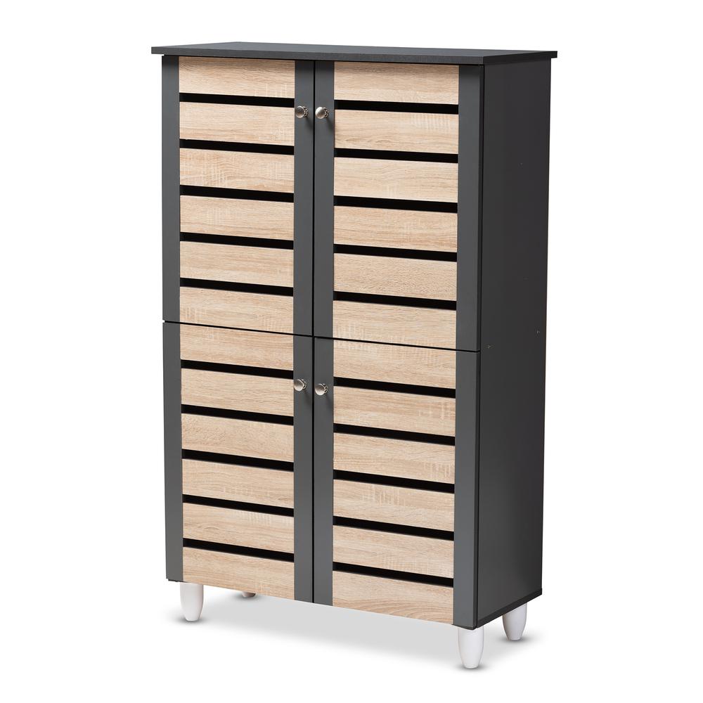 Two-Tone Oak and Dark Gray 4-Door Shoe Storage Cabinet. Picture 11