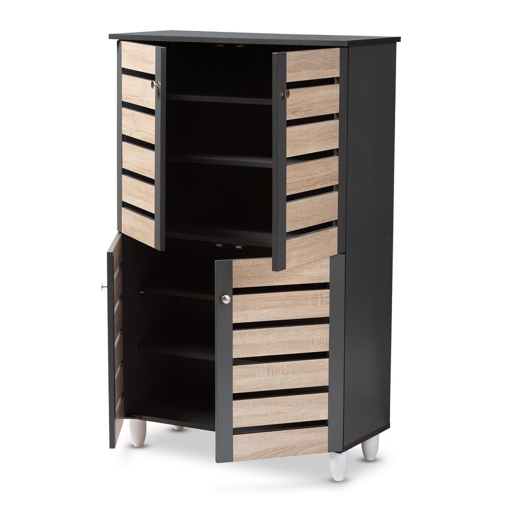 Two-Tone Oak and Dark Gray 4-Door Shoe Storage Cabinet. Picture 12