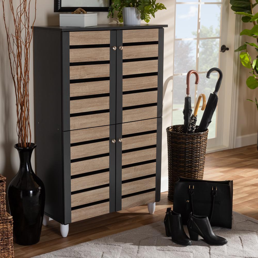 Two-Tone Oak and Dark Gray 4-Door Shoe Storage Cabinet. Picture 17