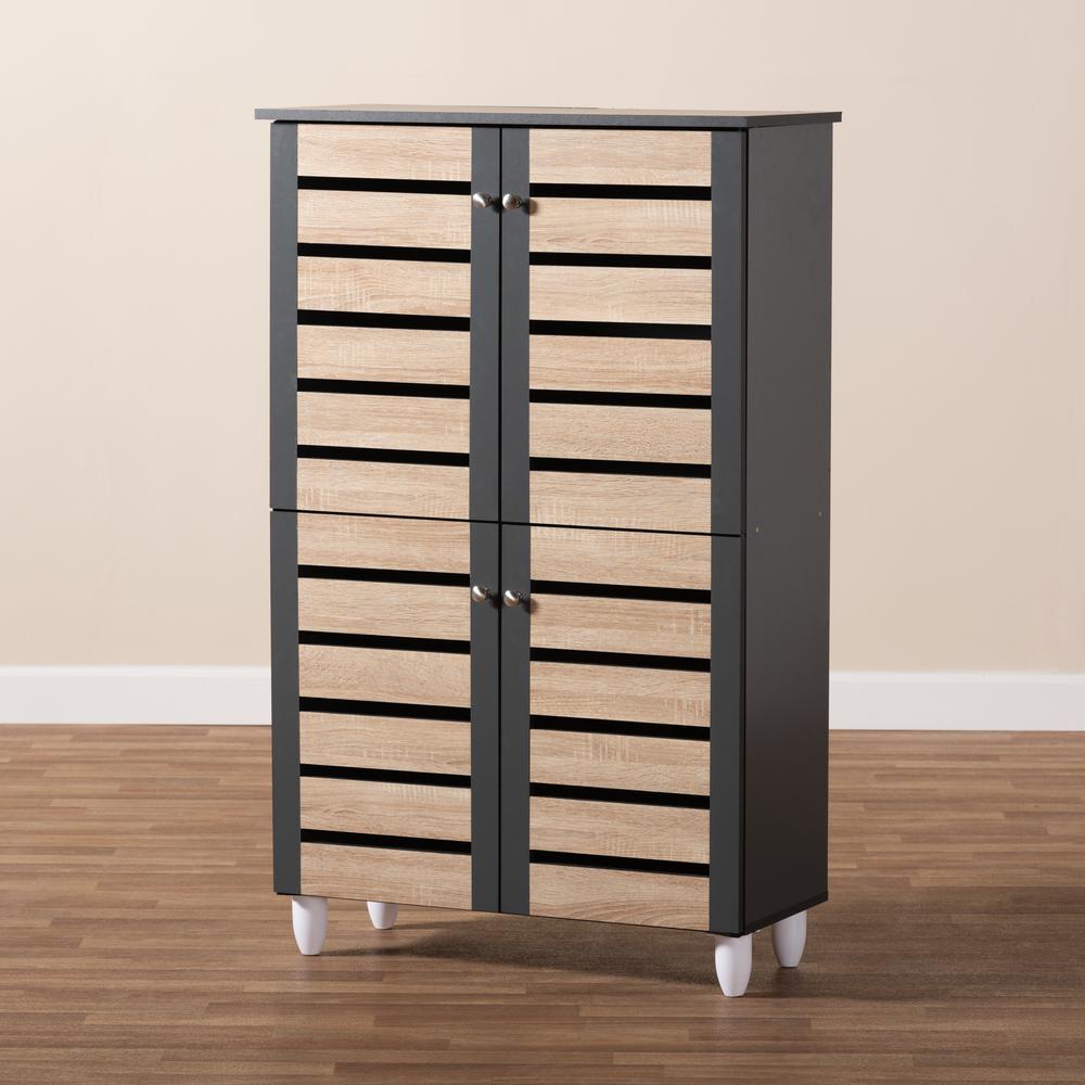 Two-Tone Oak and Dark Gray 4-Door Shoe Storage Cabinet. Picture 19