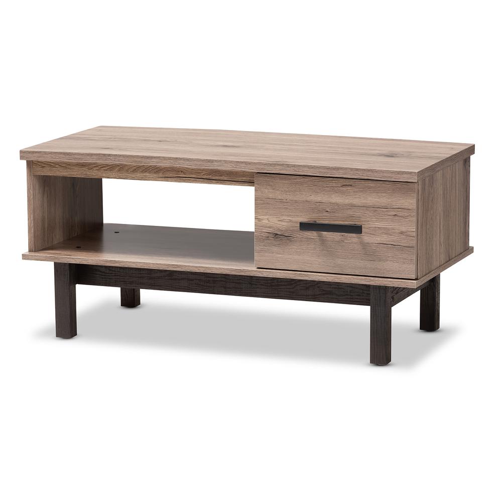 Two-Tone Oak Brown and Black Wood 1-Drawer Coffee Table. Picture 11