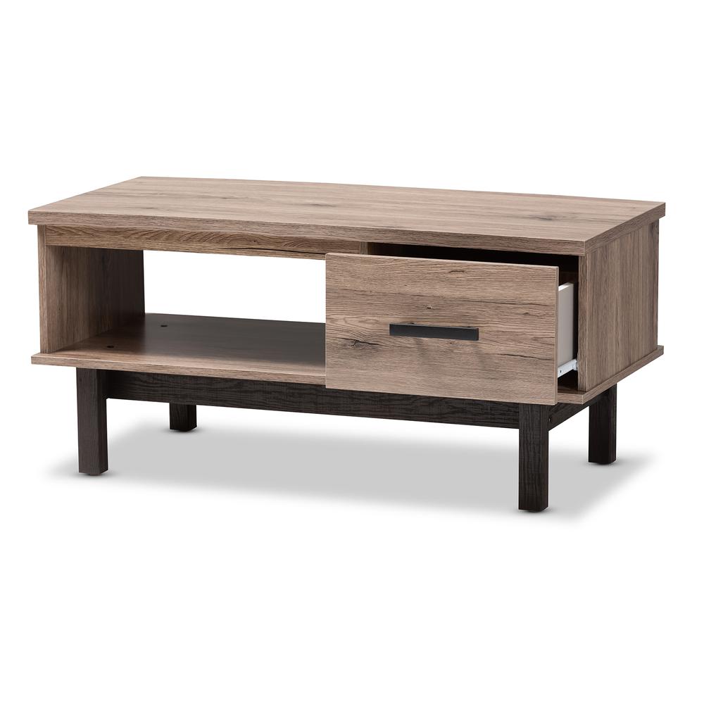 Two-Tone Oak Brown and Black Wood 1-Drawer Coffee Table. Picture 12