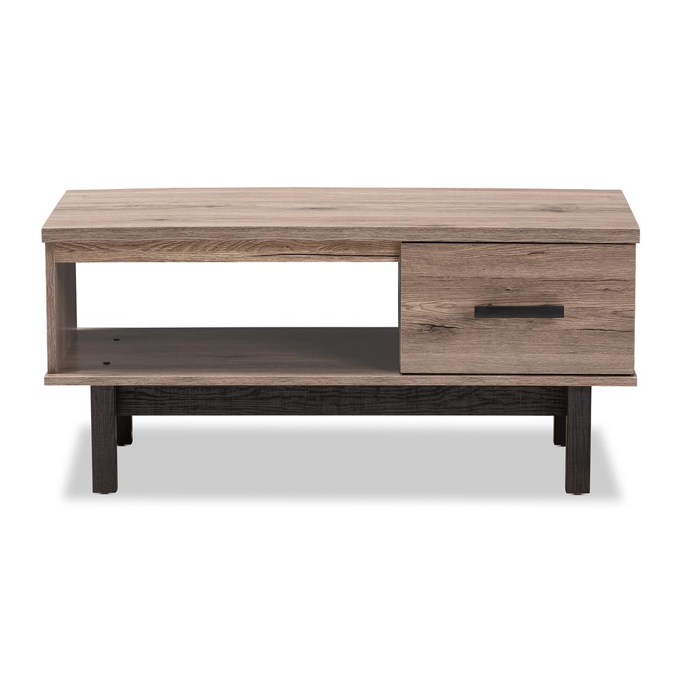 Two-Tone Oak Brown and Black Wood 1-Drawer Coffee Table. Picture 13