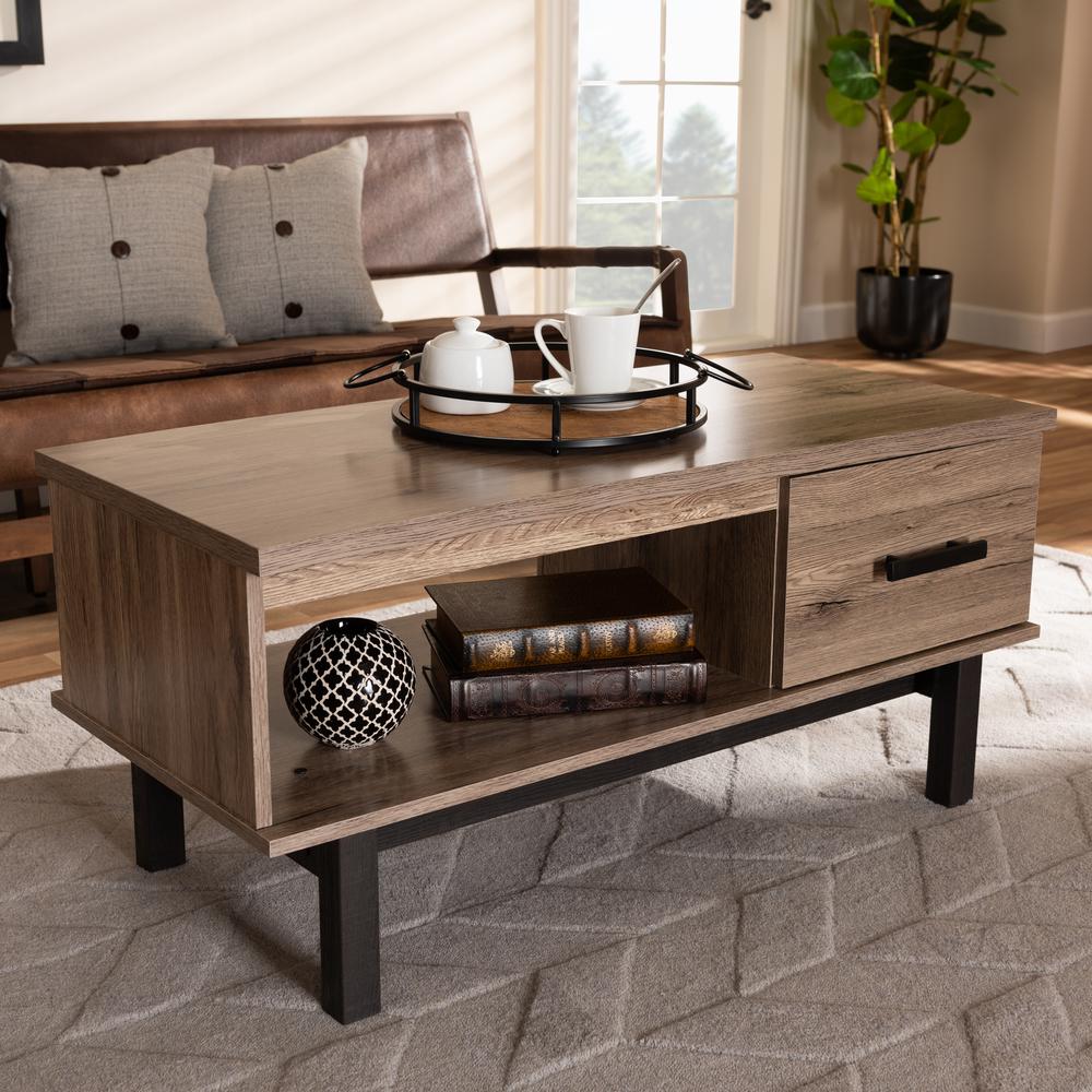 Baxton Studio Arend Modern and Contemporary Two-Tone Oak Brown and Black Wood 1-Drawer Coffee Table. Picture 9