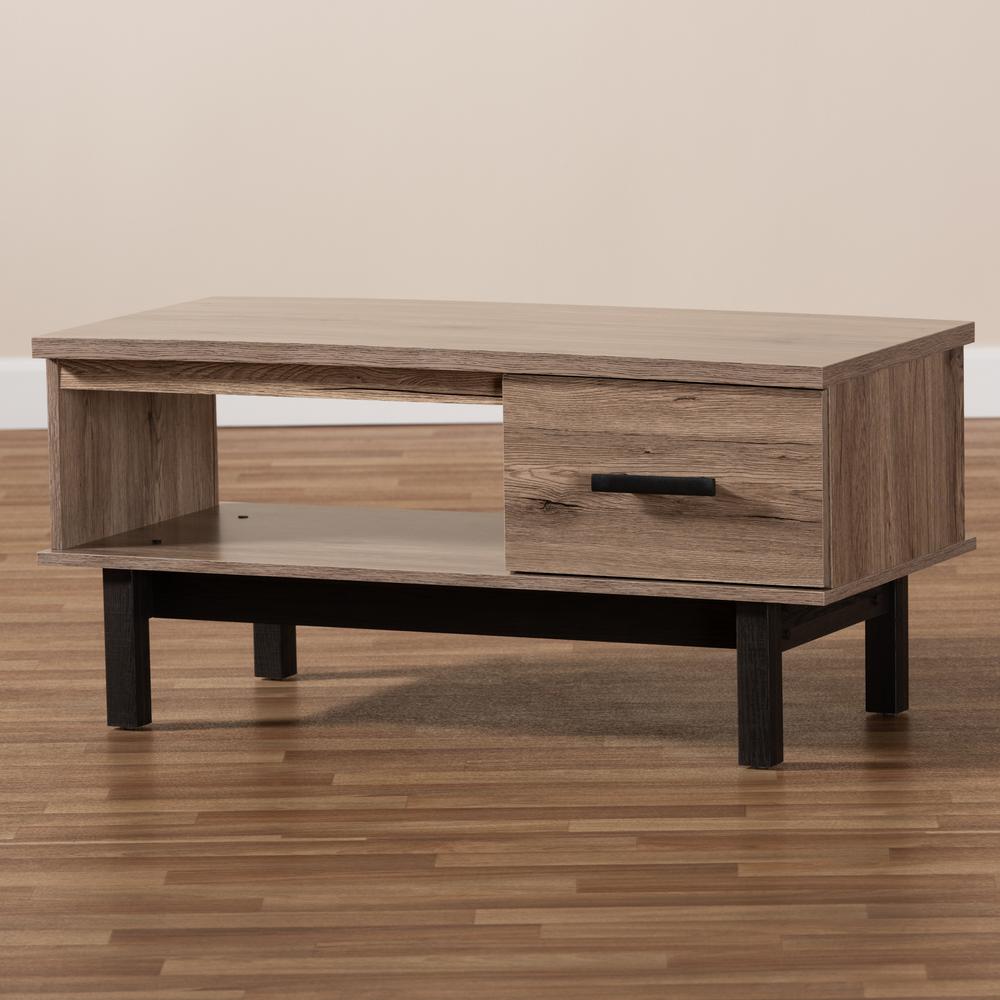 Two-Tone Oak Brown and Black Wood 1-Drawer Coffee Table. Picture 19