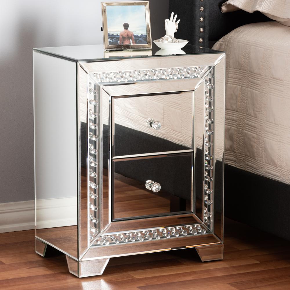 Mina Modern and Contemporary Hollywood Regency Glamour Style Mirrored Three Drawer Nightstand Bedside Table. Picture 6
