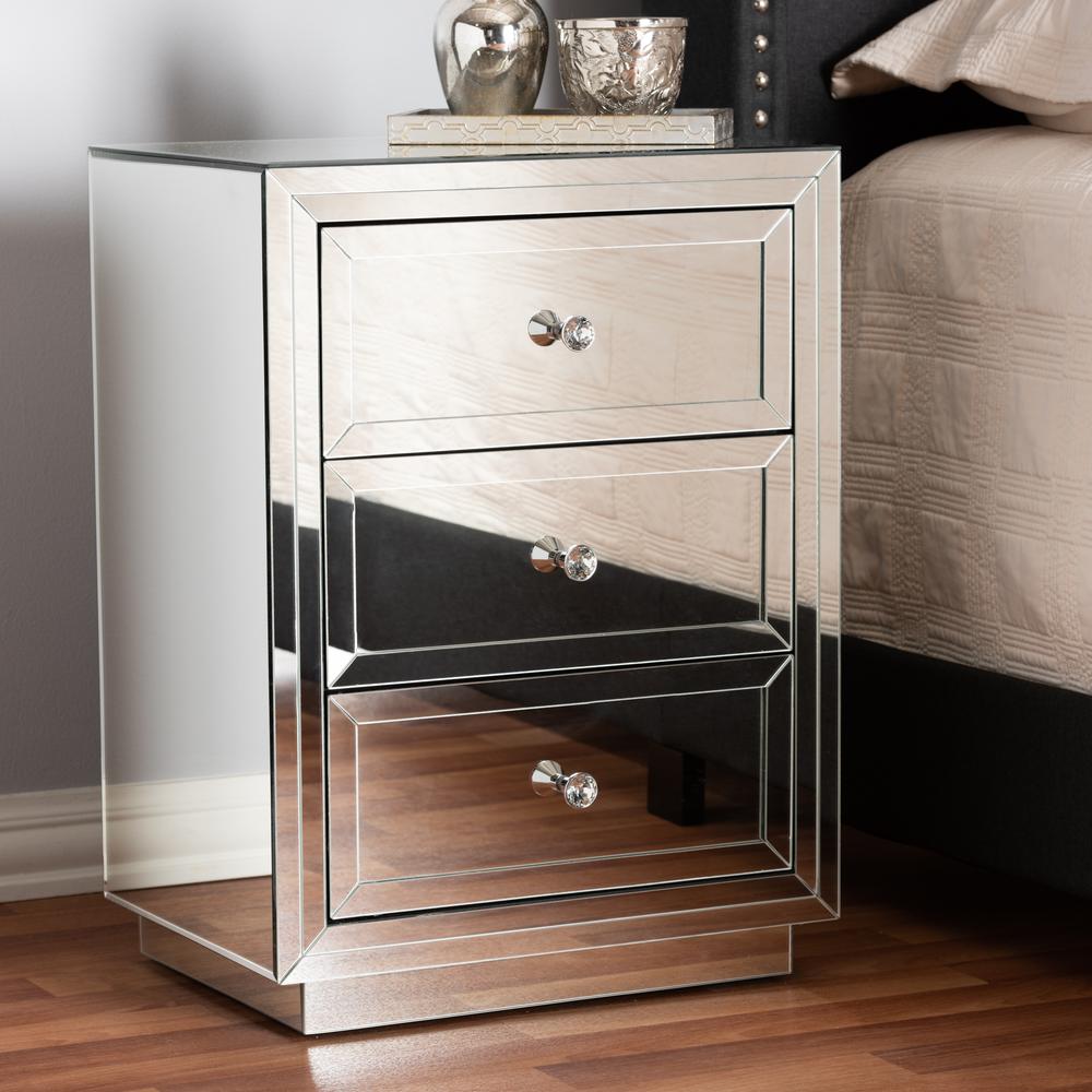 Lina Modern and Contemporary Hollywood Regency Glamour Style Mirrored Three Drawer Nightstand Bedside Table. Picture 6