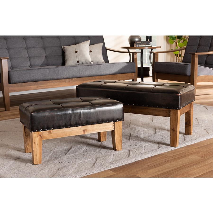 Baxton Studio Lenza Rustic Dark Brown Faux Leather Upholstered 2-Piece Wood Ottoman Set. Picture 7