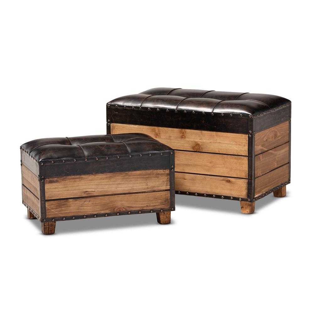 Leather Upholstered 2-Piece Wood Storage Trunk Ottoman Set. Picture 13