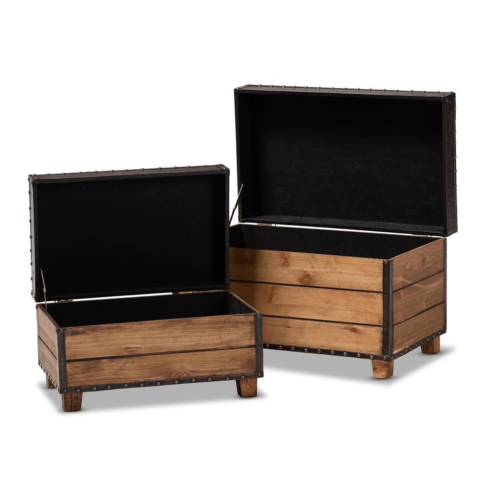 Leather Upholstered 2-Piece Wood Storage Trunk Ottoman Set. Picture 14