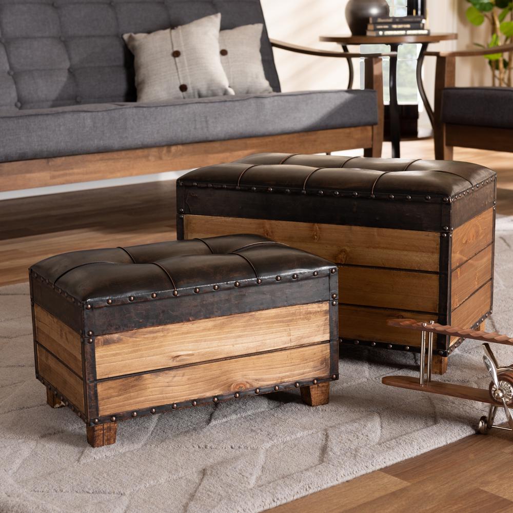 Leather Upholstered 2-Piece Wood Storage Trunk Ottoman Set. Picture 21