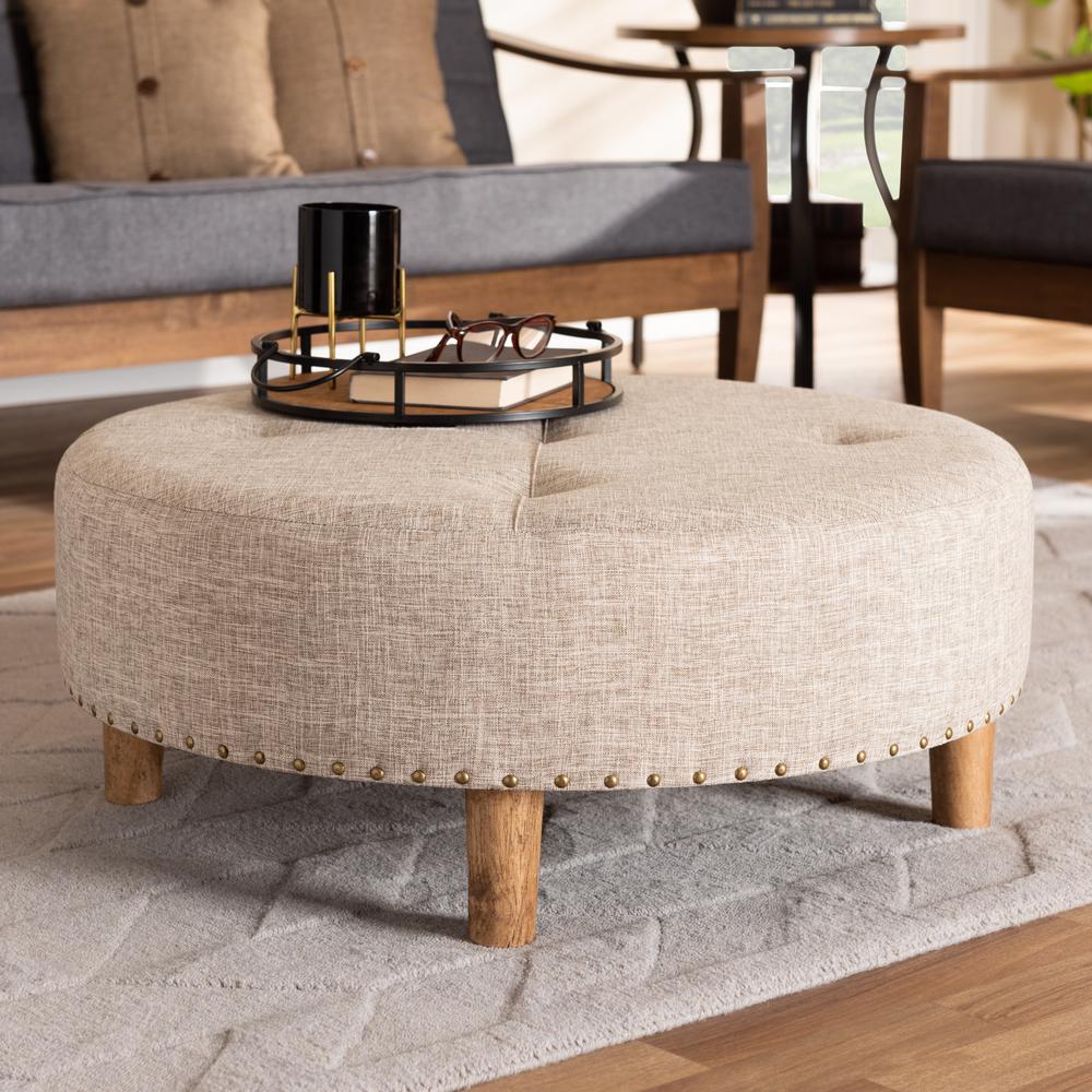 Beige Fabric Upholstered Natural Wood Cocktail Ottoman. Picture 12