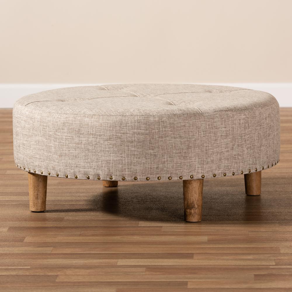 Beige Fabric Upholstered Natural Wood Cocktail Ottoman. Picture 13