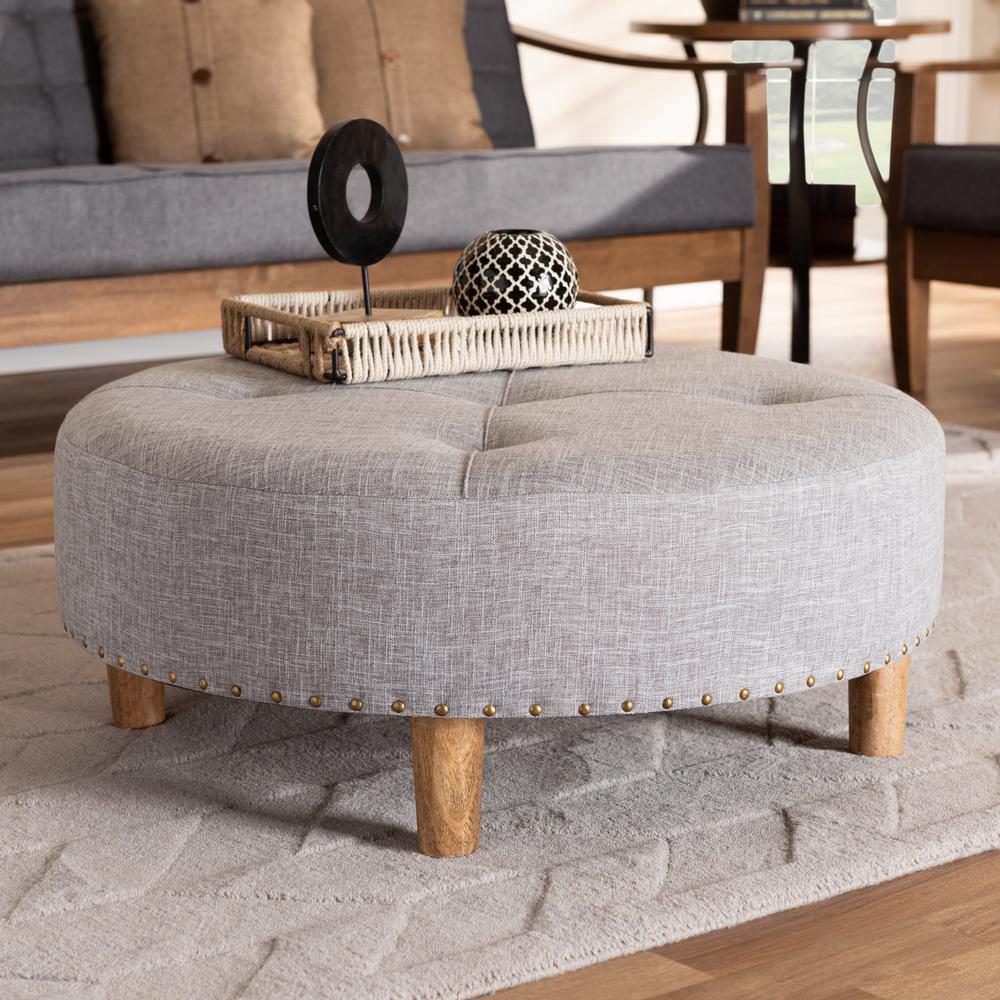 Light Gray Fabric Upholstered Natural Wood Cocktail Ottoman. Picture 12