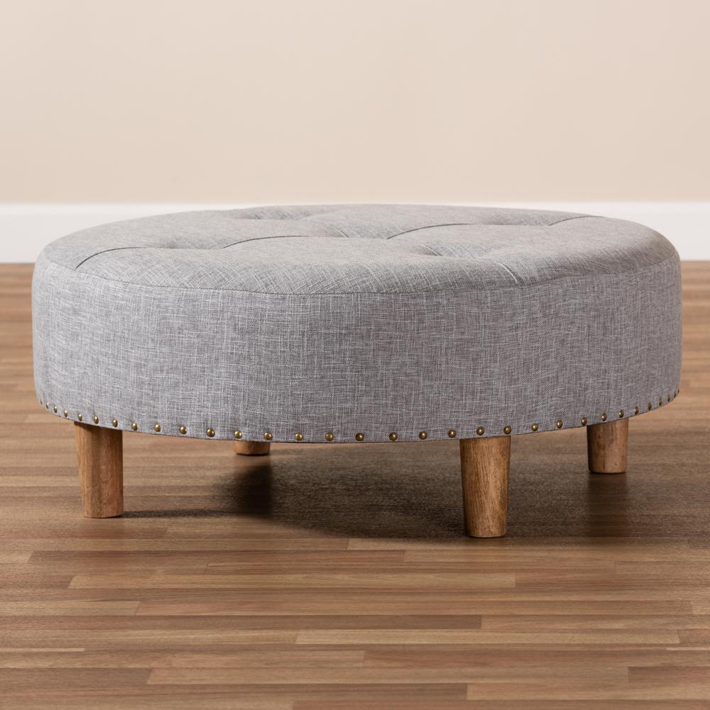 Light Gray Fabric Upholstered Natural Wood Cocktail Ottoman. Picture 13