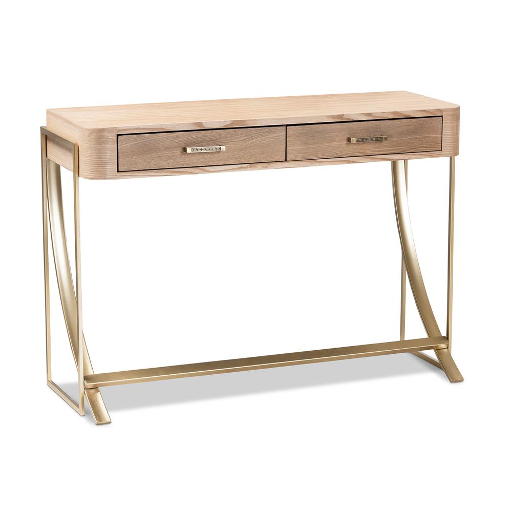 Natural Brown Finished Wood and Gold Finished 2-Drawer Console Table. Picture 10