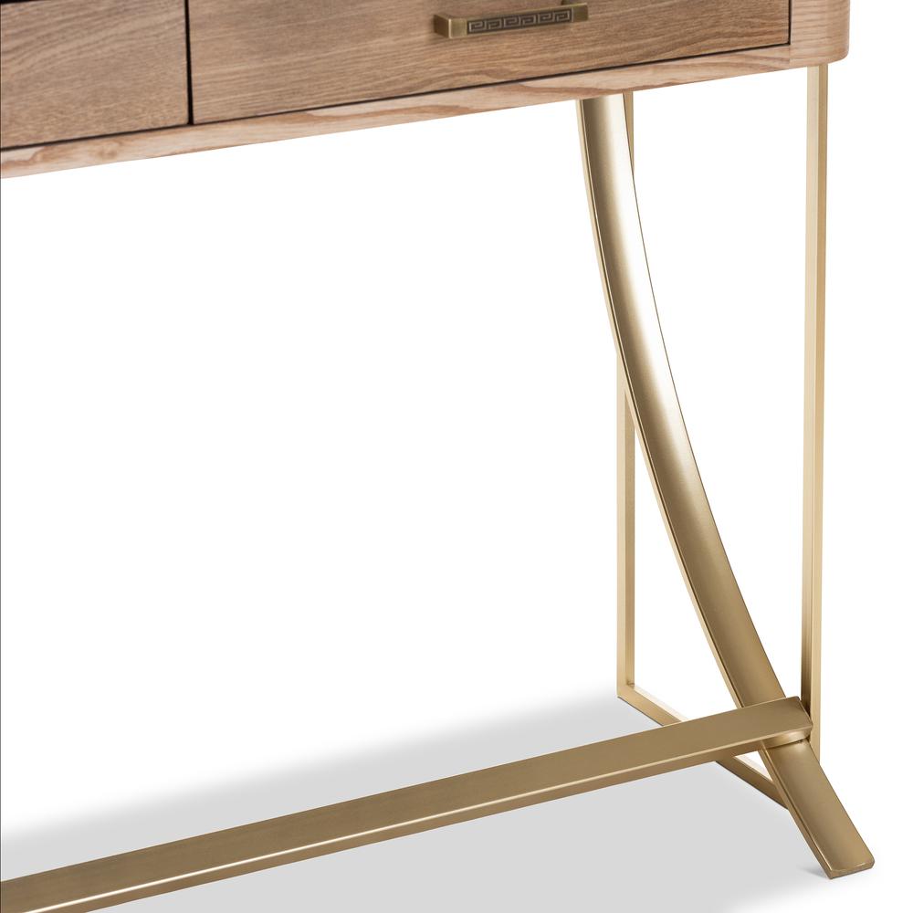 Natural Brown Finished Wood and Gold Finished 2-Drawer Console Table. Picture 15
