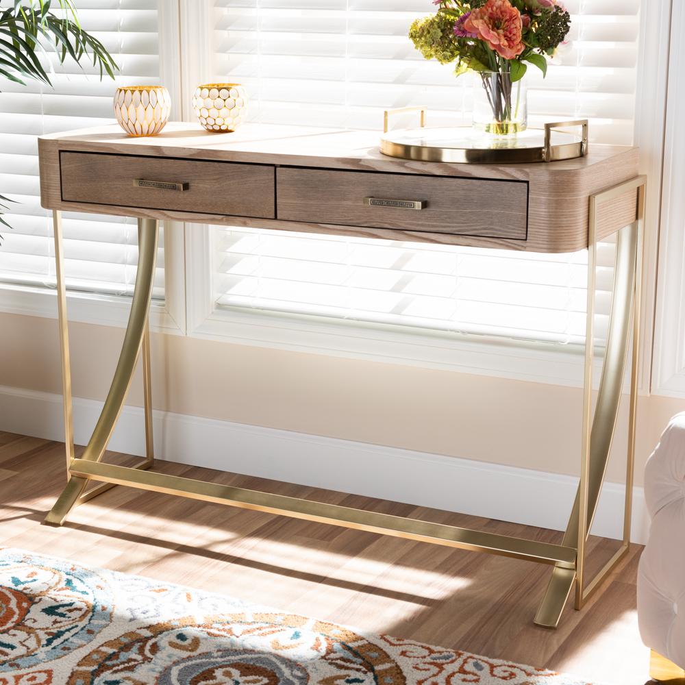 Baxton Studio Lafoy Modern and Contemporary Natural Brown Finished Wood and Gold Finished 2-Drawer Console Table. Picture 8